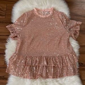Andree Boutique Rose Gold Sequin Peplum Ruffle Blouse